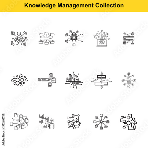 Knowledge management system icons showcase complex networking structures for information sharing, data visualization, and interconnected organizational intelligence.