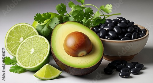 Fresh Avocado, Limes, Cilantro, and Black Beans for Healthy Cooking.