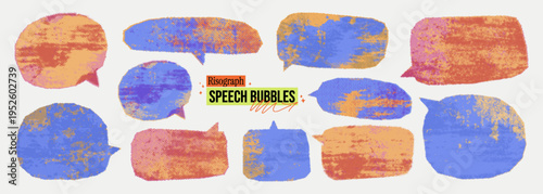 Colorful neon risograph speech bubble background set. Vintage street style halftone overlay shapes with scratch dotted texture. Punk distressed bg with place for text. Urban ink riso print effect.