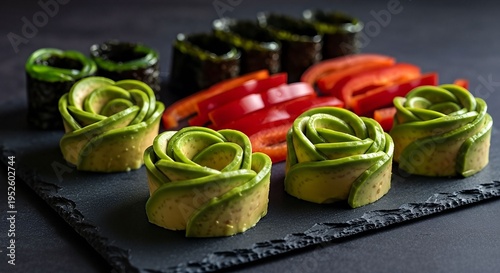 Fresh Avocado Rose Sushi Rolls with Vegetables on a Dark Platter.