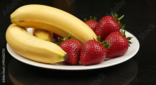 Fresh Bananas and Strawberries on a White Plate.