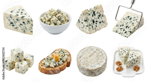 assortment of blue roquefort cheese wedges and crumbles isolated on a black background