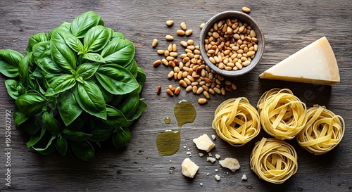 Fresh Basil, Pine Nuts, Parmesan Cheese, and Pasta on a Rustic Wooden Table.