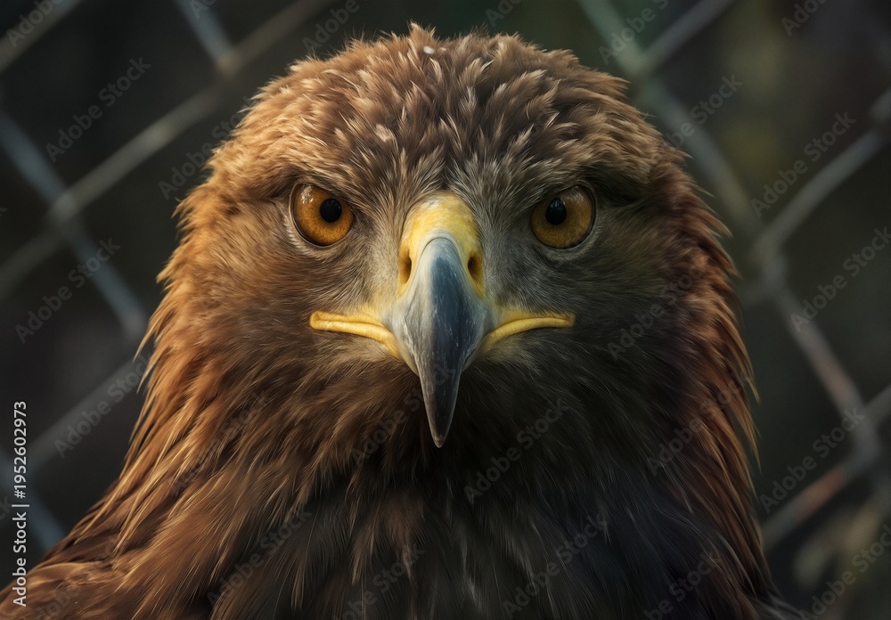 Naklejka premium intense golden eagle portrait with piercing gaze and detailed feather texture.