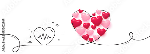 Heartbeat line icon. Continuous line big heart. Heart pulse sign. Medical ekg symbol. 3d hearts in heart shaped loop. Heartbeat single line ribbon. Loop curve pattern. Vector