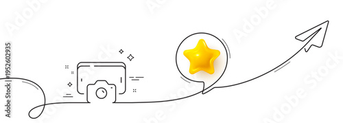 Phone photo line icon. Continuous line with share plane. Smartphone or Cellphone sign. Mobile accessories symbol. 3d star in speech bubble. Phone photo single line ribbon. Loop curve pattern. Vector