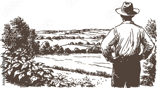 Farmer overlooking rural fields countryside landscape view vintage. Agricultural worker standing on hill observing farmland. Pencil sketch illustration style, background for agriculture articles.