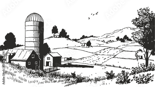 Farm silo barn rolling hills rural landscape. Agricultural buildings surrounded by fields and countryside scenery. Banner for farming design. Traditional ink pencil illustration sketch style.