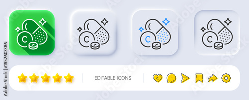 Vitamin C line icon. Neumorphic, Flat shadow, 3d buttons. Ascorbic acid food nutrient sign. Capsule or pill supplement symbol. Line vitamin C icon. Social media icons. Vector