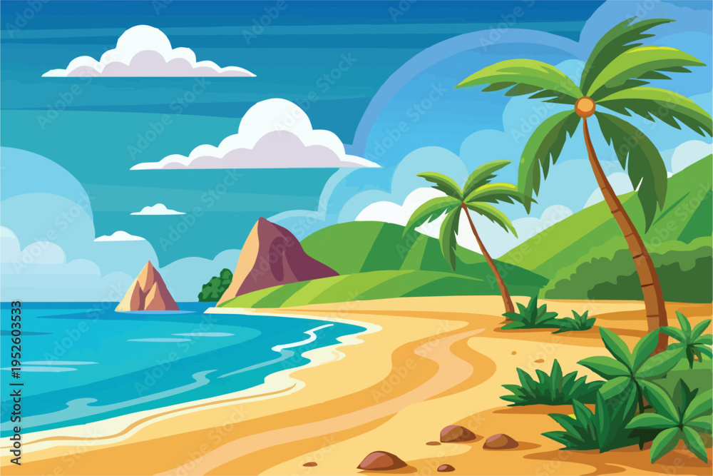 Fototapeta premium Flat vector illustration of a tropical beach with lush green hills, rocky cliffs, palm trees, and a clear blue ocean.