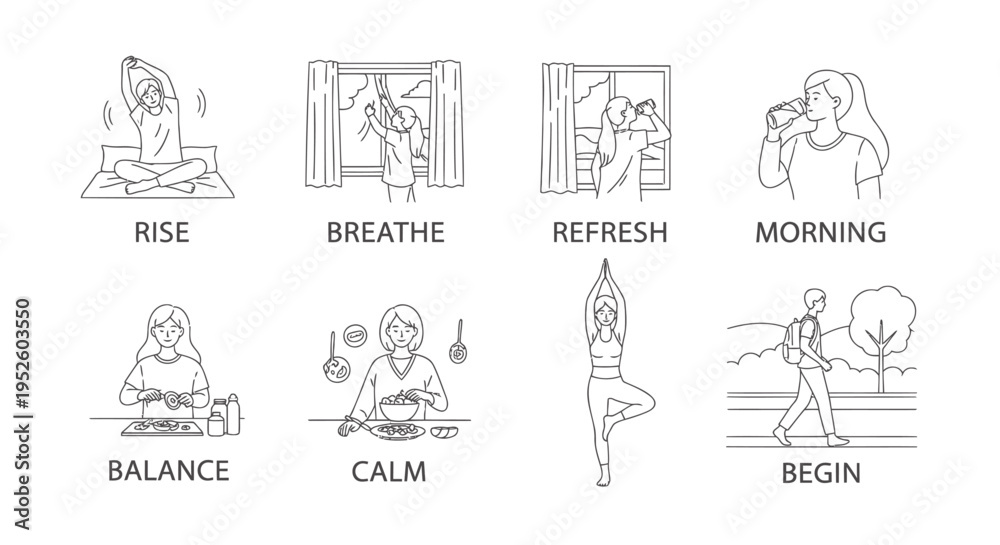 Fototapeta premium Set of 8 yoga icons vector, line art illustrations