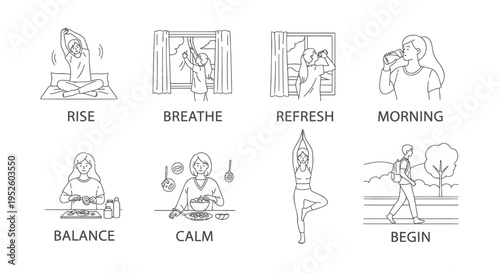 Set of 8 yoga icons vector, line art illustrations