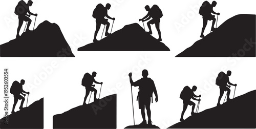Hikers climbing mountain silhouettes in various poses and actions