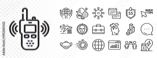 Transmitter, Stress and Portfolio line icons for web app. Glare of light effect. Message icon. Pack of Social distancing, Calendar, Medical mask pictogram icons. Vector