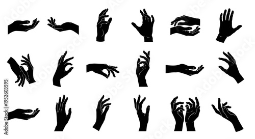diverse human hand gestures and silhouettes in black against a white background representing connection care and interaction ideal for design projects