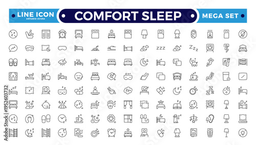 Comfort sleep outline icon set. Sleep and Bedding Comfort Line Icons – Pillow Positions, Sleeping Person, Relaxation, Bedtime and Wellness Vector Set.
Editable stroke outline icon.