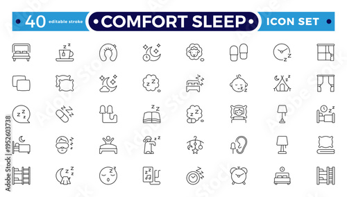 Comfort sleep outline icon set. Sleep and Bedding Comfort Line Icons – Pillow Positions, Sleeping Person, Relaxation, Bedtime and Wellness Vector Set.
Editable stroke outline icon.