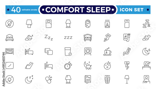 Comfort sleep outline icon set. Sleep and Bedding Comfort Line Icons – Pillow Positions, Sleeping Person, Relaxation, Bedtime and Wellness Vector Set.
Editable stroke outline icon.