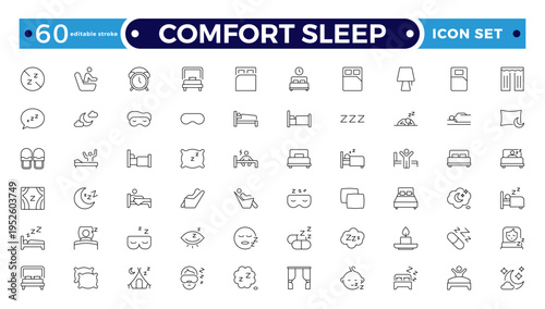 Comfort sleep outline icon set. Sleep and Bedding Comfort Line Icons – Pillow Positions, Sleeping Person, Relaxation, Bedtime and Wellness Vector Set.
Editable stroke outline icon.