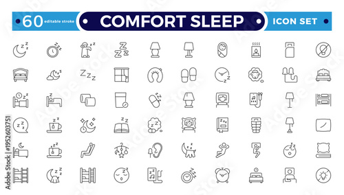 Comfort sleep outline icon set. Sleep and Bedding Comfort Line Icons – Pillow Positions, Sleeping Person, Relaxation, Bedtime and Wellness Vector Set.
Editable stroke outline icon.