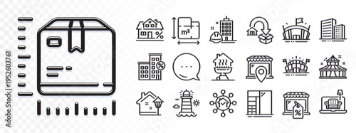 Market sale, Package size and Furniture line icons for web app. Glare of light effect. Message icon. Pack of Mortgage, Home facility, Lighthouse pictogram icons. Vector