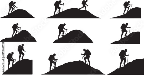 Hikers climbing mountains in various poses and landscapes silhouettes