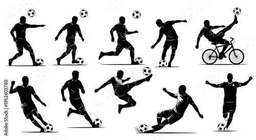 soccer players silhouettes in action demonstrating various football skills including dribbling kicking and celebration.