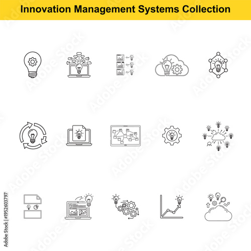 Compilation of conceptual line icons symbolizing innovation management systems, featuring light bulbs, process diagrams, cloud integration, and idea development cycles.
