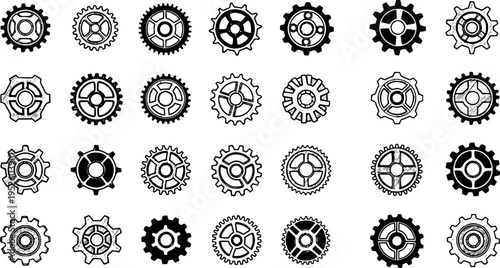 Detailed collection of 30 diverse black and white gear icons. Vector set representing mechanical engineering, industrial settings, progress, connection, and technology symbols.