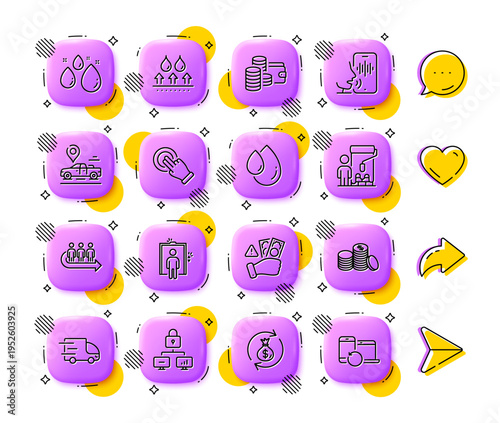 Waterproof, Water drop and Car place line icons. App 3d buttons. Social media comment, share, like icons. Pack of Voicemail, Fraud, Lock icon. Vector