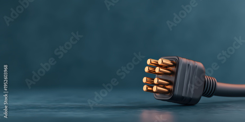 Unplugged power cable with multiple gold metal pins lying on smooth surface, minimal style close up showing detailed connector and dark background creating calm mood
