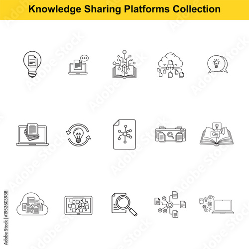 Set of outline icons illustrating concepts related to knowledge sharing platforms, data exchange, digital learning, and collaborative information management.