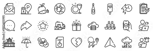 Broken heart, Charging station and Apple carrot line icons pack. Share, Message, Paper plane icons. Video conference, Cloud server, Dish plate web icon. Vector