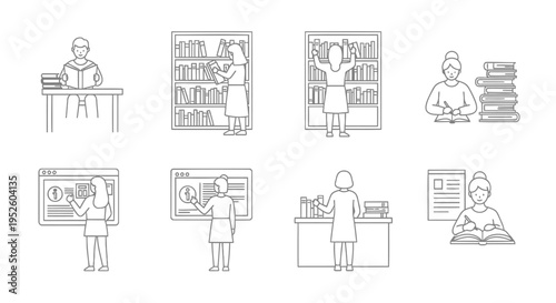 Set of 8 education icons vector, line style illustrations