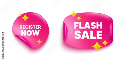 Register now sticker tag. Flash offer paper price banner. Register now tag. Free registration offer. Create an account message. Discount sticker with 3d glitter. Vector