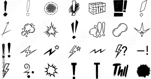 Various Hand-drawn Comic Book Style Exclamation Marks, Lightning Bolts, and Graphic Elements Vector Set for Emphasizing Action and Emotion