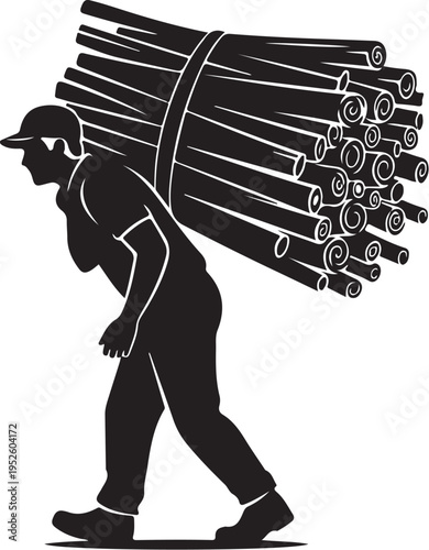 Man carrying a large bundle of wooden logs slowly