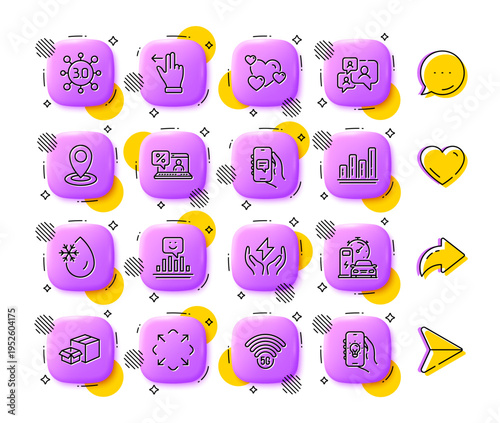5g wifi, Safe energy and Smile line icons. App 3d buttons. Social media comment, share, like icons. Pack of Support chat, Packing boxes, Touchscreen gesture icon. Vector