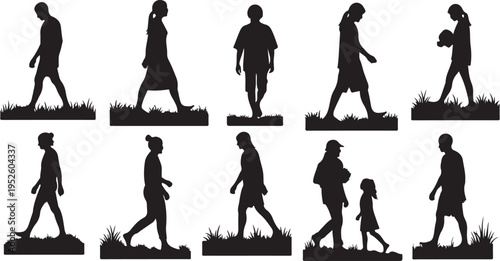 Silhouettes of people walking in various poses and groups