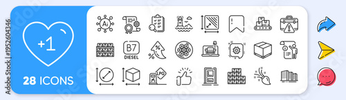 Inspect, Delivery box and Boxes shelf line icons. Interest rate, AI generate, Inflation icons. Pack of Square area, Gas station, Cable section icon. Wholesale goods, Brush, Entrance pictogram. Vector