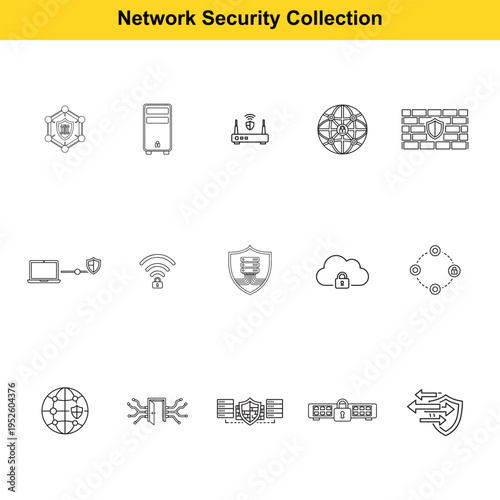 Network security icons illustrate essential concepts for protecting digital infrastructure, including firewalls, servers, routers, global networks, and cloud security measures for data privacy.