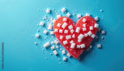 Red heart covered in sugar cubes on blue background. Symbolizes diabetes awareness, unhealthy diet, and heart health risk. Represents sugar impact on wellbeing.