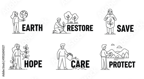 Set of 6 eco-friendly line icons vector, environmental care illustrations