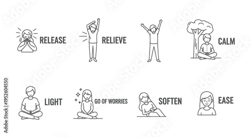 Set of 8 emotional release icons vector, line style