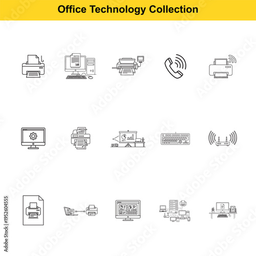 Office technology icons depict essential equipment and systems used in contemporary workplaces, including printers, computers, phones, and network devices for efficient daily operations.