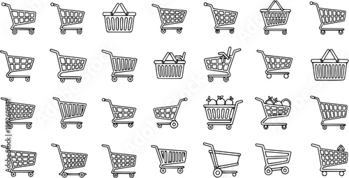 Diverse Collection of Shopping Carts and Baskets Icons for E-commerce and Retail Design