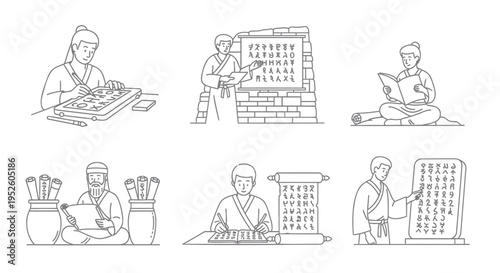 Set of 6 ancient Chinese construction worker icons vector
