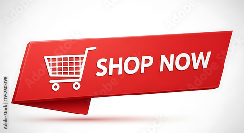 Red shop now banner with a shopping cart icon on white background