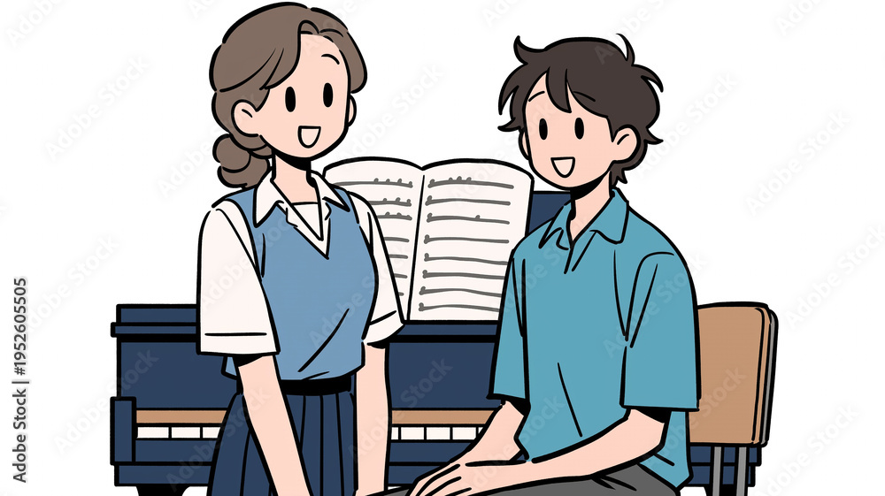 Obraz premium ピアノ教室で先生とともに演奏を学ぶ生徒のレッスン風景、部活動や音楽教育の現場を描いたイラスト、楽譜を見ながら練習する集中した時間、成長と努力を感じる学びの瞬間、習い事や教育イメージに最適な音楽シーン素材