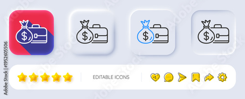 Business case line icon. Neumorphic, Flat shadow, 3d buttons. Portfolio and Salary symbol. Diplomat with Money bag sign. Line salary icon. Social media icons. Vector